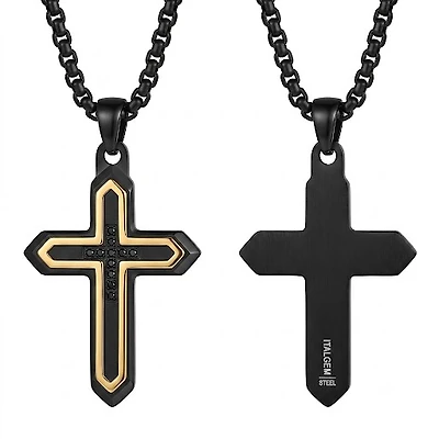 Collier avec Pendentif Croix en Acier Plaqué Or et Zircons Cubiques Noirs - 33mm. Color: jaunenoir | Doucet Latendresse