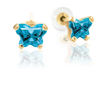 Boucles d'oreilles BFLY à tiges fixes pour bébé sertis de zircons cubiques bleus (mois de décembre) - en or jaune 10K. Color: jaune | Doucet Latendresse