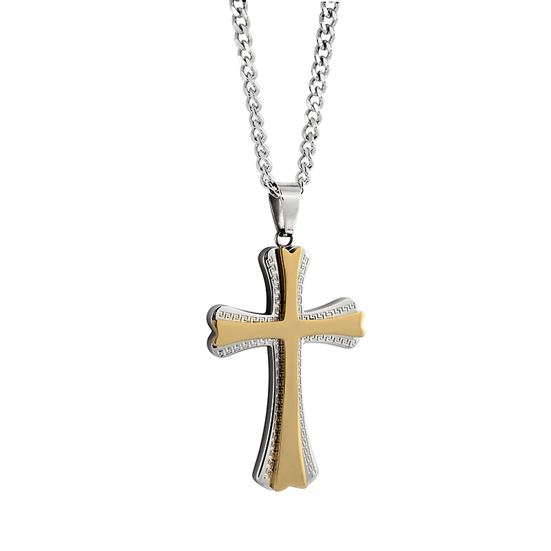 Croix - Acier inoxydable 2-tons (blanc et jaune) avec chaine. Color: 2 tons | Doucet Latendresse