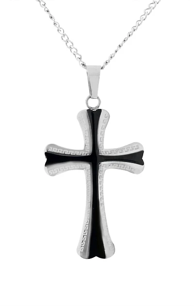 Collier avec pendentif croix - Acier inoxydable 2-tons (blanc et noir). Color: 2 tons | Doucet Latendresse