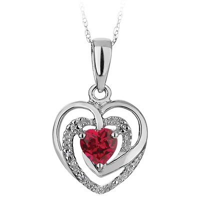 Heart pendant in sterling silver with a created ruby and diamonds - Chain included. Color: silver | Doucet Latendresse