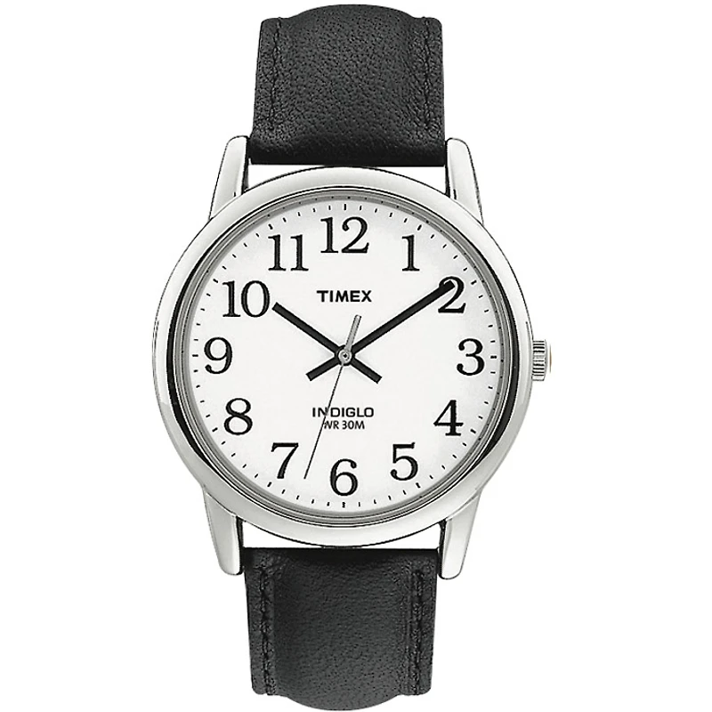Montre Timex pour homme avec un bracelet en cuir véritable et un cadran blanc. Largeur du boîtier est de 35mm. Éclairage de nuit INDIGLO®. Résistance à l'eau jusqu'à 30 mètres | Doucet Latendresse