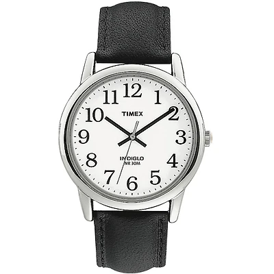 Montre Timex pour homme avec un bracelet en cuir véritable et un cadran blanc. Largeur du boîtier est de 35mm. Éclairage de nuit INDIGLO®. Résistance à l'eau jusqu'à 30 mètres | Doucet Latendresse