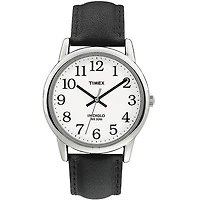 Montre Timex pour homme avec un bracelet en cuir véritable et un cadran blanc. Largeur du boîtier est de 35mm. Éclairage de nuit INDIGLO®. Résistance à l'eau jusqu'à 30 mètres | Doucet Latendresse