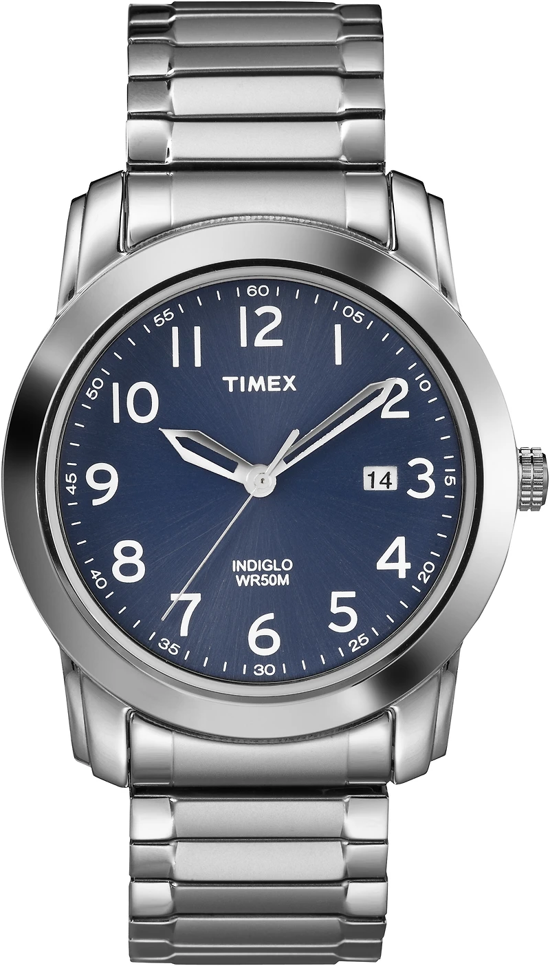 Montre Timex pour homme avec bracelet extensible en acier inoxydable. Éclairage de nuit INDIGLO®. Fonction QUICK-DATE®. | Doucet Latendresse