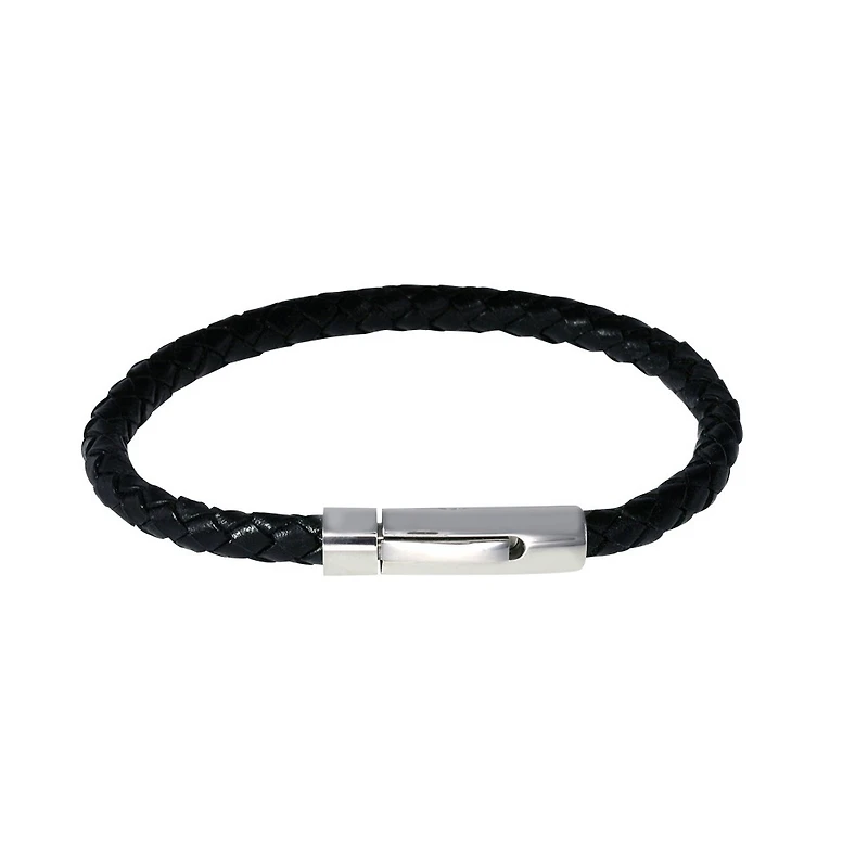 Bracelet en cuir noir et acier inoxydable. Color: noir | Doucet Latendresse