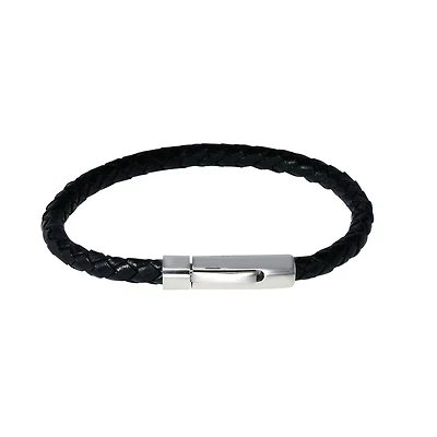 Bracelet en cuir noir et acier inoxydable. Color: noir | Doucet Latendresse