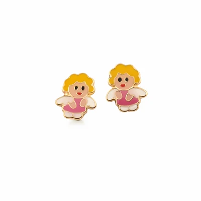 Angel stud earrings with enamel for babies and young girls - in 10K yellow gold. Color: yellow | Doucet Latendresse