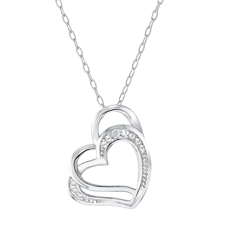 Pendentif double coeur en argent sterling sertis d'une touche de diamant - chaîne incluse. Color: argent | Doucet Latendresse