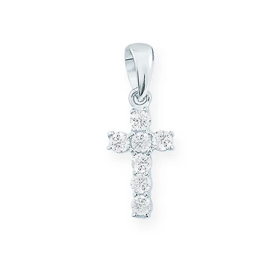 Cross pendant for children with cubic zirconia - in 10K white gold - Cross - 11x7mm. Color: white | Doucet Latendresse
