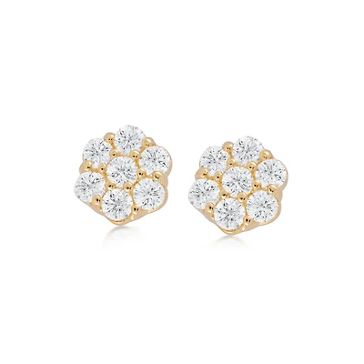 Boucles d'oreilles fleurs à tiges fixes serties de zircons cubiques - en or jaune 10K. Color: jaune | Doucet Latendresse