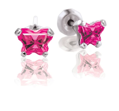 BFLY stud earrings for babies - Sterling silver & fuschia cubic zirconia (month of July). Color: silver | Doucet Latendresse