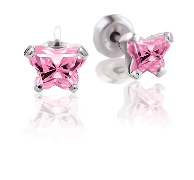 Boucles d'oreilles BFLY à tiges fixes pour bébé serties de zircons cubiques roses (mois d'octobre) - Argent sterling. Color: argent | Doucet Latendresse