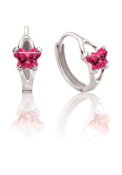 Boucles d'oreilles BFLY de genre Huggies pour bambins en argent sterling serties de zircons cubiques fuschia (mois de juillet). Color: argent | Doucet Latendresse