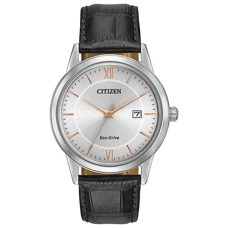 Citizen Eco-Drive watch for men - Silver dial with mineral crystal & Genuine black leather band | Doucet Latendresse