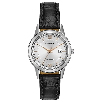 Citizen Eco-Drive watch for women - Silver dial with mineral crystal - Genuine black leather band | Doucet Latendresse
