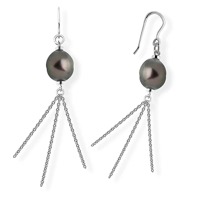 Boucles d'oreilles pendantes en argent sterling (fini rhodium) serties perles tahitiennes de qualité AA. Color: argent | Doucet Latendresse
