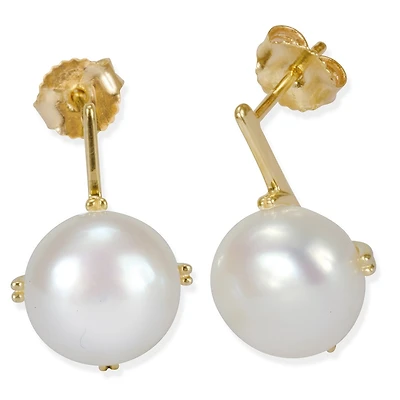Dangling stud earrings set with grade AA fresh water pearls - in 10K yellow gold. Color: yellow | Doucet Latendresse