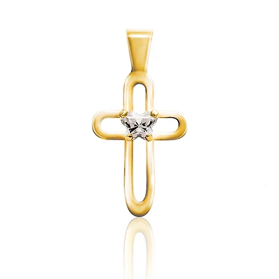 BFLY cross pendant for babies set with a cubic zirconia (month of April) - 10K yellow Gold. Color: yellow | Doucet Latendresse