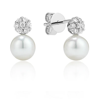 Boucles d’Oreilles Clous en Or 14K avec Diamants et Perles. Color: blanc | Doucet Latendresse