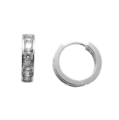 Sterling silver huggies style earrings set with cubic zirconia. Color: white | Doucet Latendresse