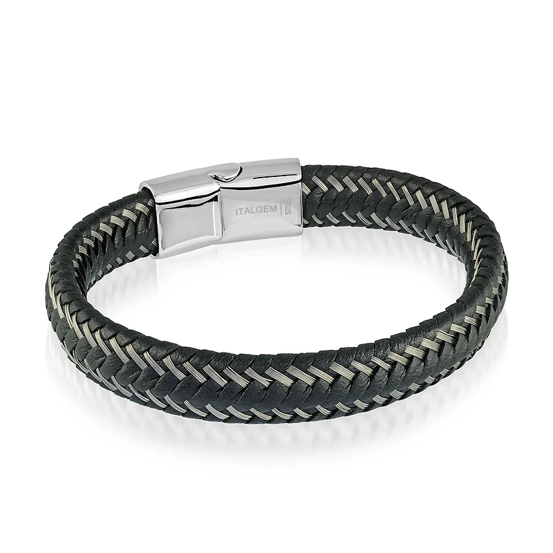 Bracelet pour homme - Cuir noir et gris avec fermoir en acier inoxydable. Color: noir | Doucet Latendresse