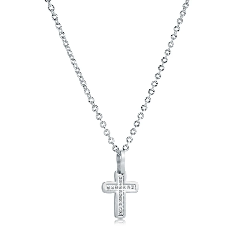 Collier avec pendentif croix - Acier inoxydable & Zircons cubiques. Color: argent | Doucet Latendresse