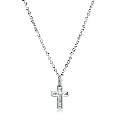 Necklace with a cross pendant - Stainless steel & Cubic zirconia. Color: silver | Doucet Latendresse