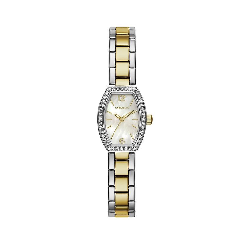 Montre Caravelle NY pour femmes - Acier inoxydable 2 tons & Cadran blanc nacré avec 40 cristaux sur le boîtier | Doucet Latendresse