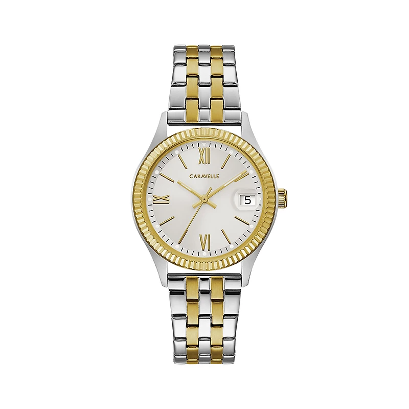 Montre Caravelle NY pour femmes - Acier inoxydable 2 tons & Cadran graphique blanc argenté | Doucet Latendresse