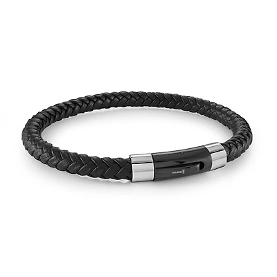Braided bracelet - Stainless steel & Black leather. Color: black | Doucet Latendresse