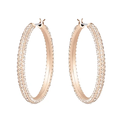 Swarovski stone hoop pierced earrings, pink, rose gold plating. Color: pink | Doucet Latendresse