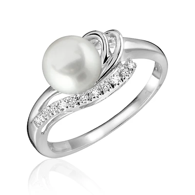 Ring for woman - 10K white gold & Diamonds T.W. 0.06 Carat with cultured pearl. Color: | Doucet Latendresse