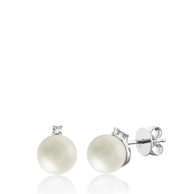 Boucles d'oreilles à tiges fixes pour femme - Or blanc 10K avec perles de culture & Diamants. Color: blanc | Doucet Latendresse