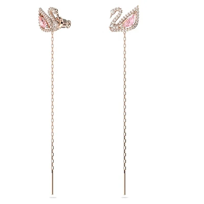 Boucle d'Oreilles Pendants Swan en Métal Plaqué Or Rose avec Cristaux Swarovski - 15.75cm. Color: rose | Doucet Latendresse