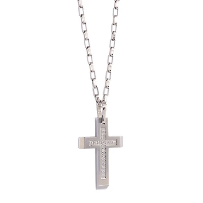 Necklace with a stainless steel cross pendant featuring cubic zirconia. Color: white | Doucet Latendresse