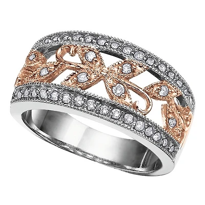 10K Perforated flower ring with diamonds. Color: 2 tone | Doucet Latendresse