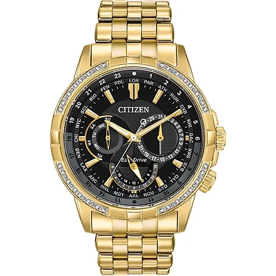Montre pour homme avec boîtier en acier inoxydable doré & bracelet à cadran noir avec diamant | Doucet Latendresse