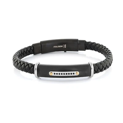 Adjustable bracelet - Braided noir  leather & Stainless steel & cubic zirconia. Color: black | Doucet Latendresse