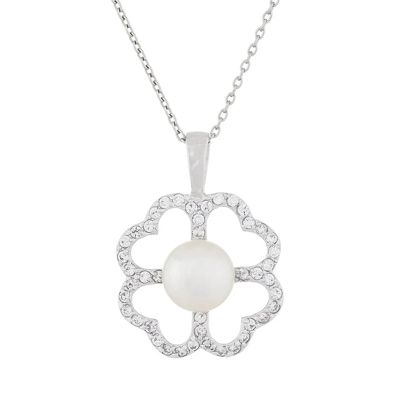 Pendentif Fleur en perles et collier (17 pouces) en argent sterling serties 0.952 de zircons cubiques. Color: blanc | Doucet Latendresse