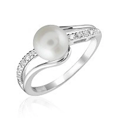 Bague Torsadée en Or Blanc 10K avec Perle et Diamants. Color: blanc | Doucet Latendresse