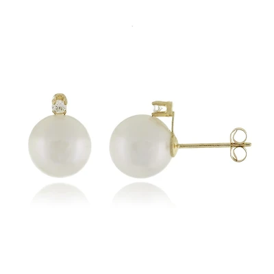 14k yellow gold stud Earrings For Women, pearl 6-6.5mm & diamonds T.W. 6pts. Color: yellow | Doucet Latendresse