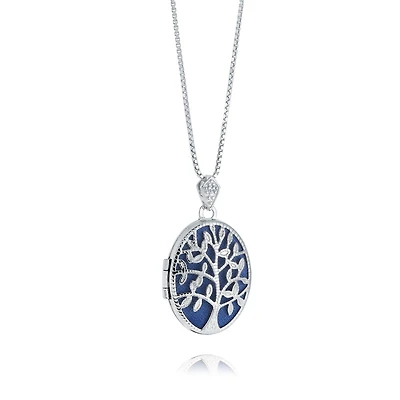 Blue oval locket pendant, tree of life design - 16. Color: white | Doucet Latendresse