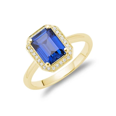 Bague saphir de laboratoire en or jaune10k avec diamant totalisant 10 pts.. Color: jaune | Doucet Latendresse