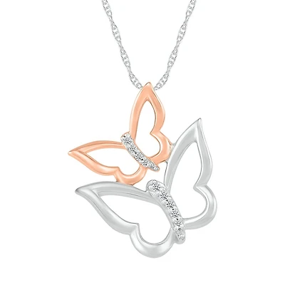 Butterfly pendant in sterling silver, 10K rose gold set with diamonds 12 pts - chain included. Color: 2 tone | Doucet Latendresse