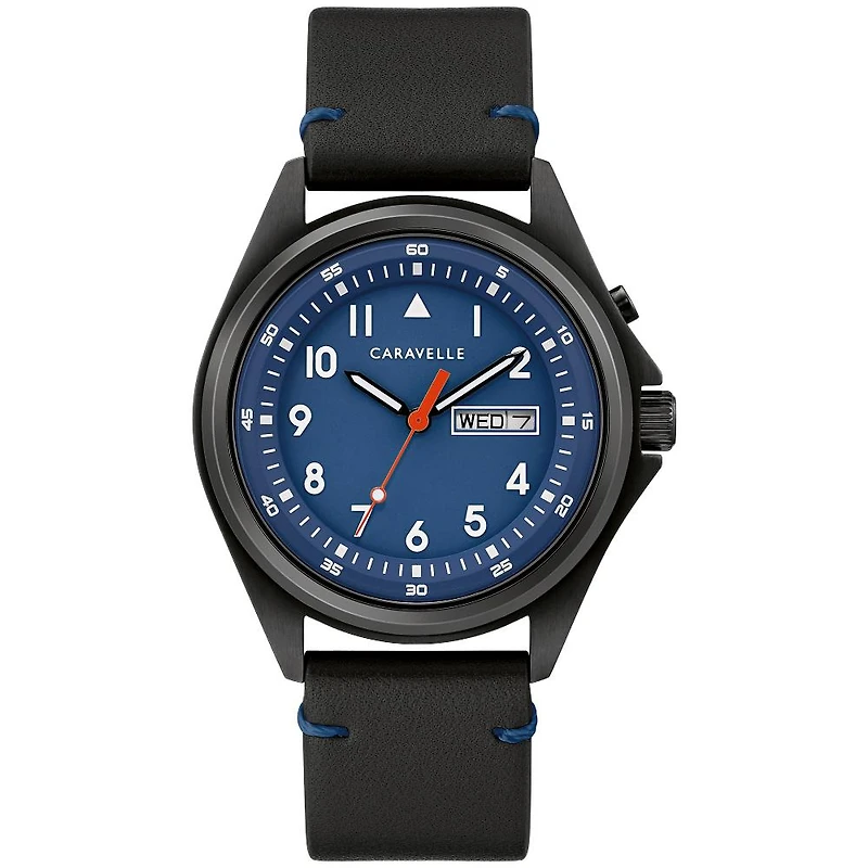 Montre Caravelle classique pour Homme avec bracelet cuir noir et cadran Bleu | Doucet Latendresse