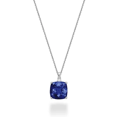 Pendentif avec saphir de laboratoire, diamand 0.02 CT et or Blanc 10k-Chaine 18