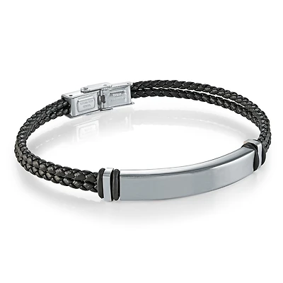 Bracelet in black leather and stainless steel. Color: black | Doucet Latendresse