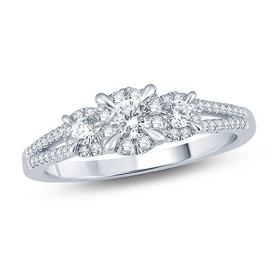 10K White Gold Three-Stone Diamond Ring with Pavé Split Shank. Color: white | Doucet Latendresse