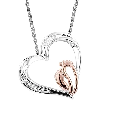 Baby Feet Heart Pendant in .925 silver and 10k rose gold with 5pts diamonds. (chain included). Color: white | Doucet Latendresse